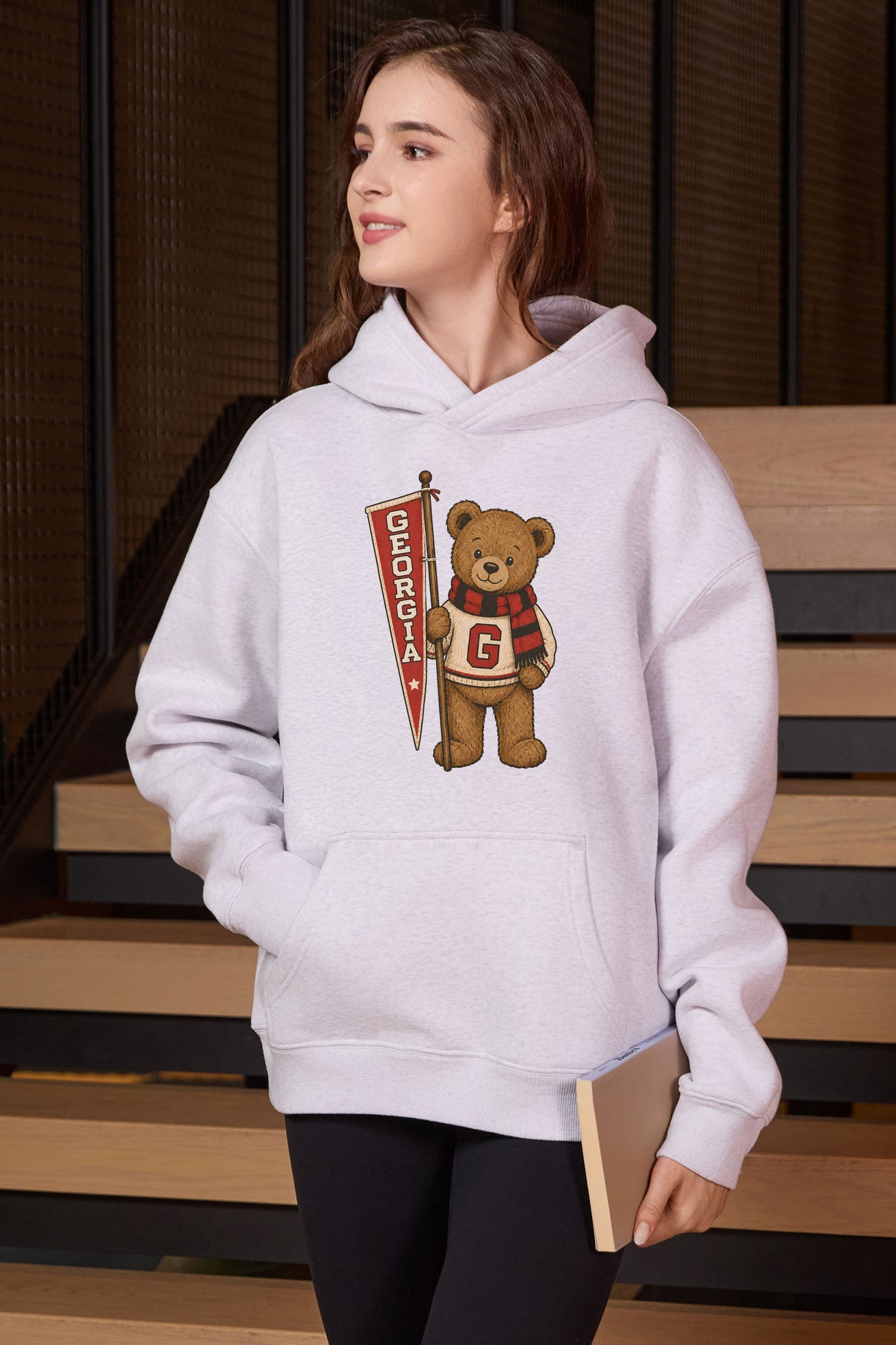 Georgia Teddy Banner Hoodie in heather grey — model view 3.