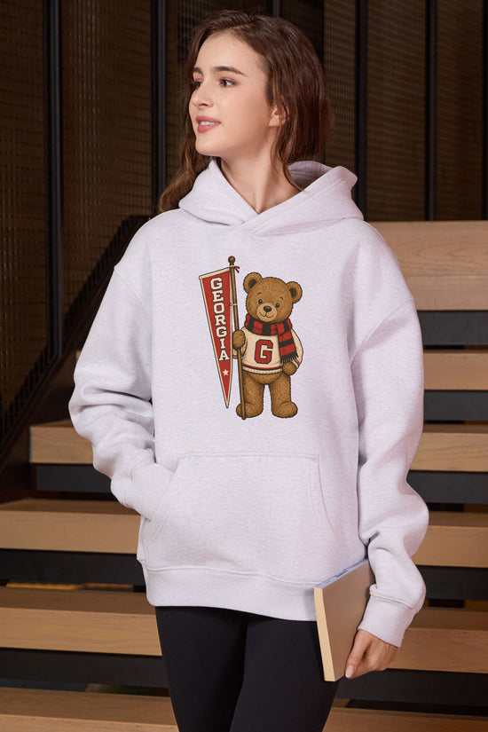 Georgia Teddy Banner Hoodie in heather grey — model view 3.