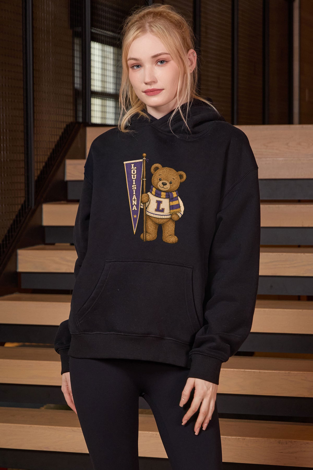 Louisiana Teddy Banner Hoodie in black — model view 2.