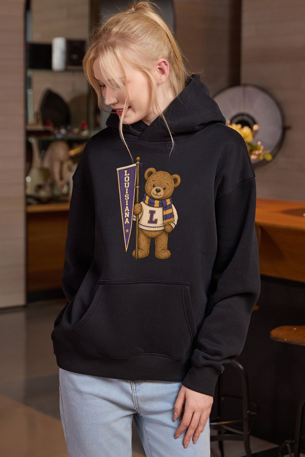 Louisiana Teddy Banner Hoodie in black — model view 3.