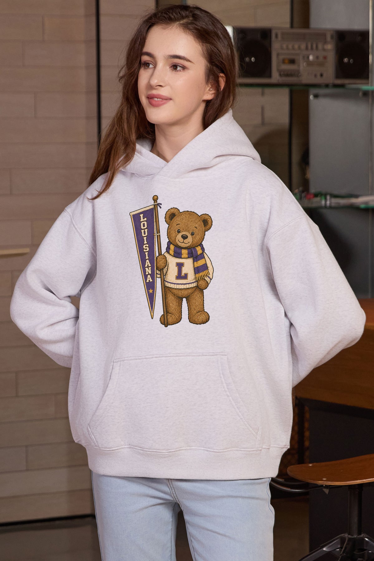 Louisiana Teddy Banner Hoodie in heather grey — model view 2.