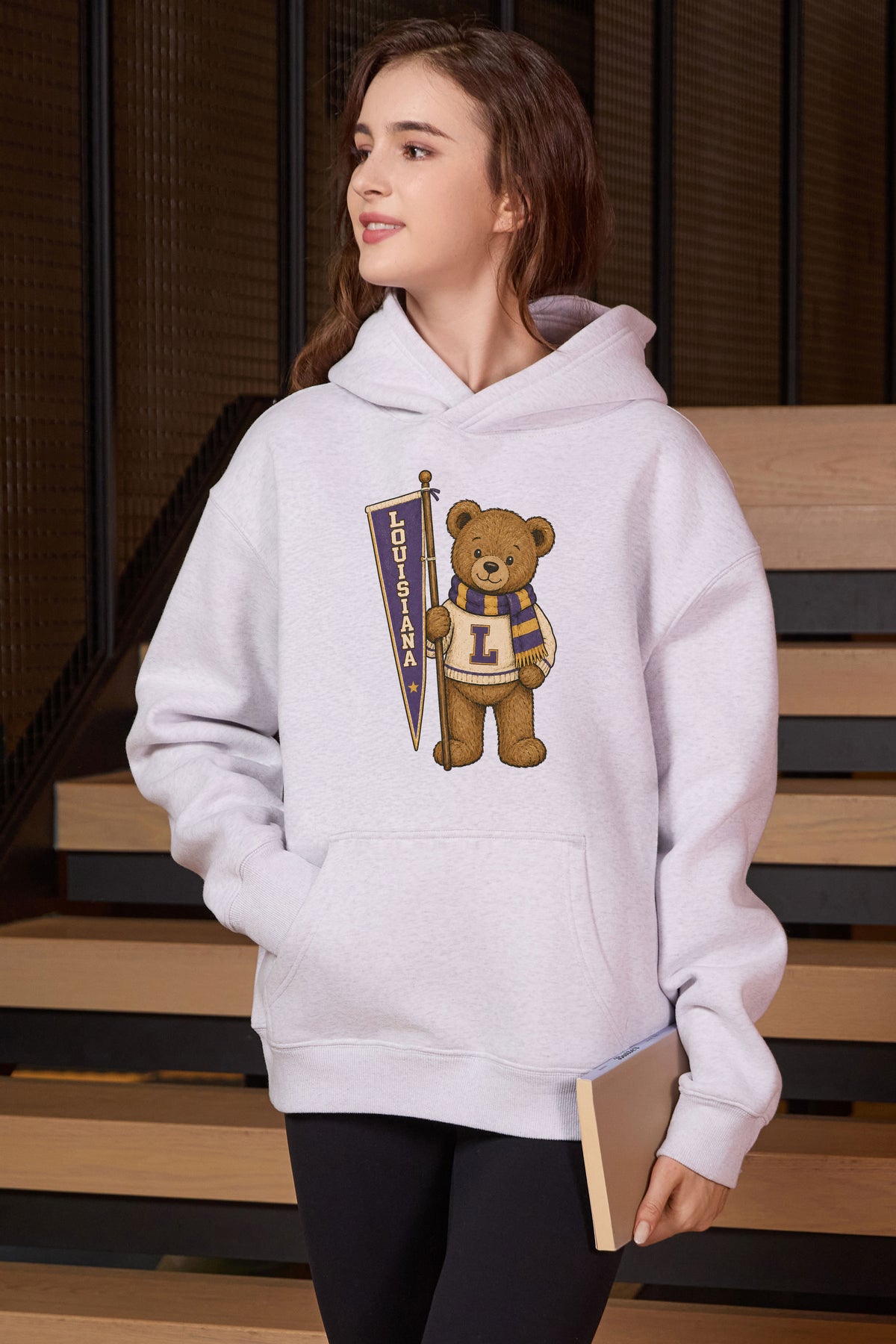Louisiana Teddy Banner Hoodie in heather grey — model view 3.