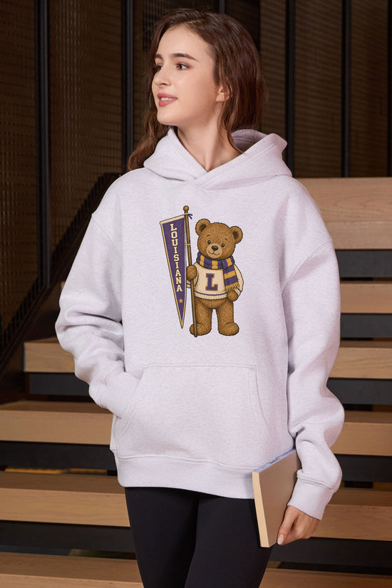 Louisiana Teddy Banner Hoodie in heather grey — model view 3.