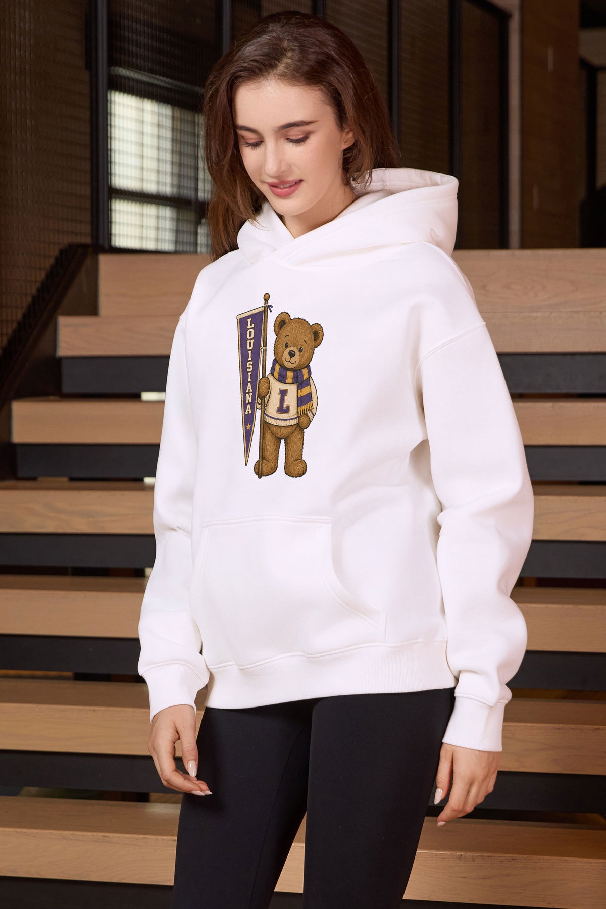 Louisiana Teddy Banner Hoodie in white — model view 1.