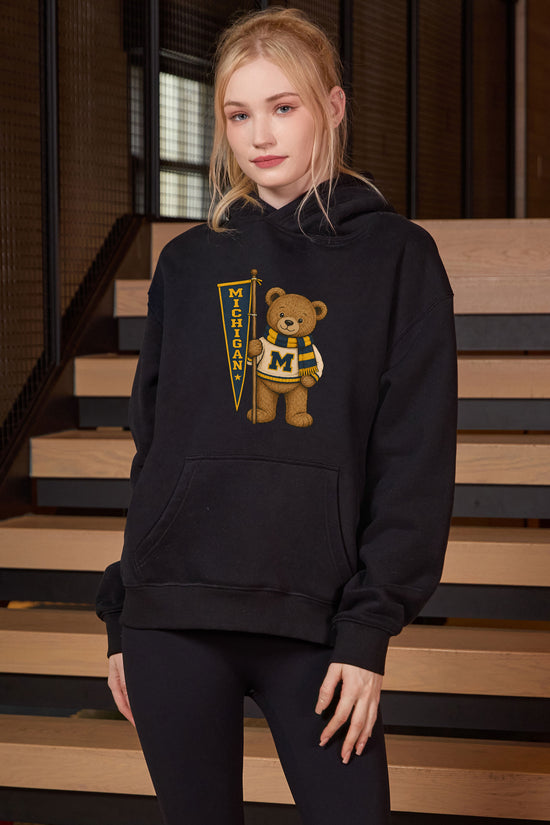 Michigan Teddy Banner Hoodie in black — model view 1.