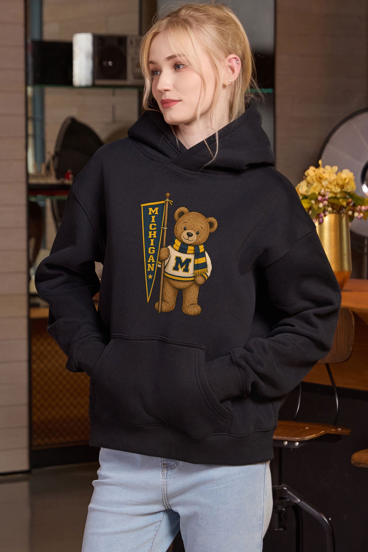 Michigan Teddy Banner Hoodie in black — model view 2.