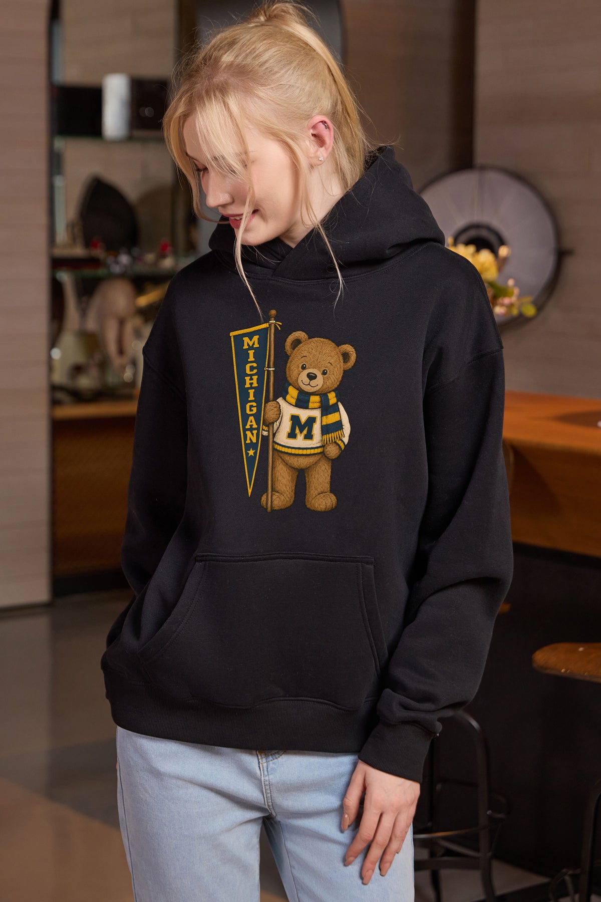 Michigan Teddy Banner Hoodie in black — model view 3.