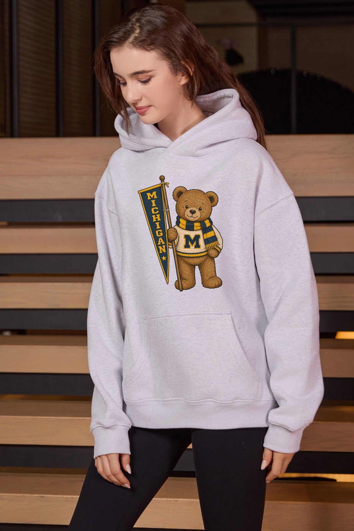 Michigan Teddy Banner Hoodie in heather grey — model view 1.