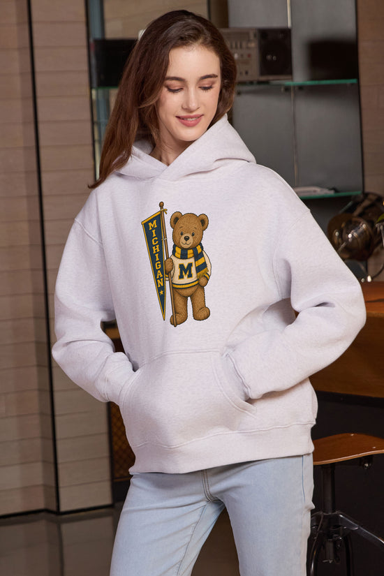 Michigan Teddy Banner Hoodie in heather grey — model view 2.