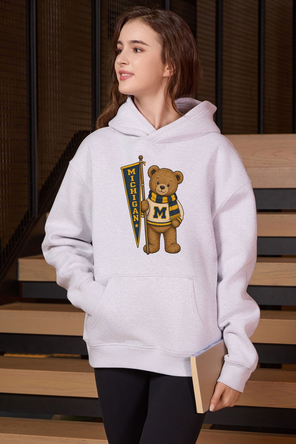 Michigan Teddy Banner Hoodie in heather grey — model view 3.