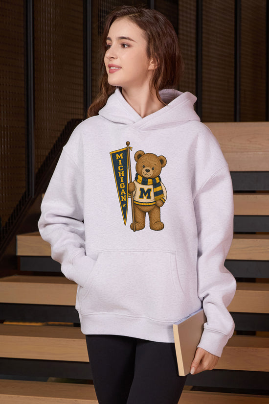 Michigan Teddy Banner Hoodie in heather grey — model view 3.