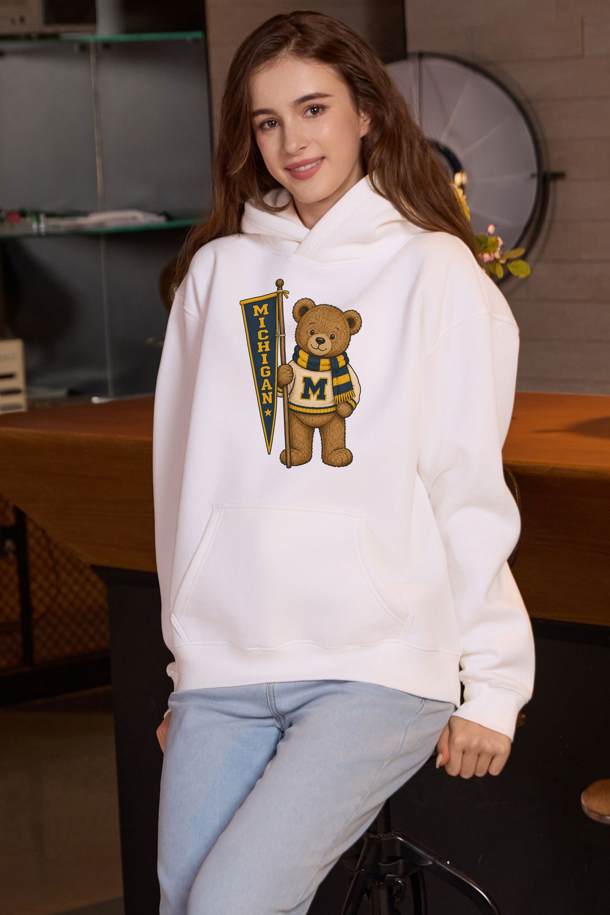 Michigan Teddy Banner Hoodie in white — model view 3.