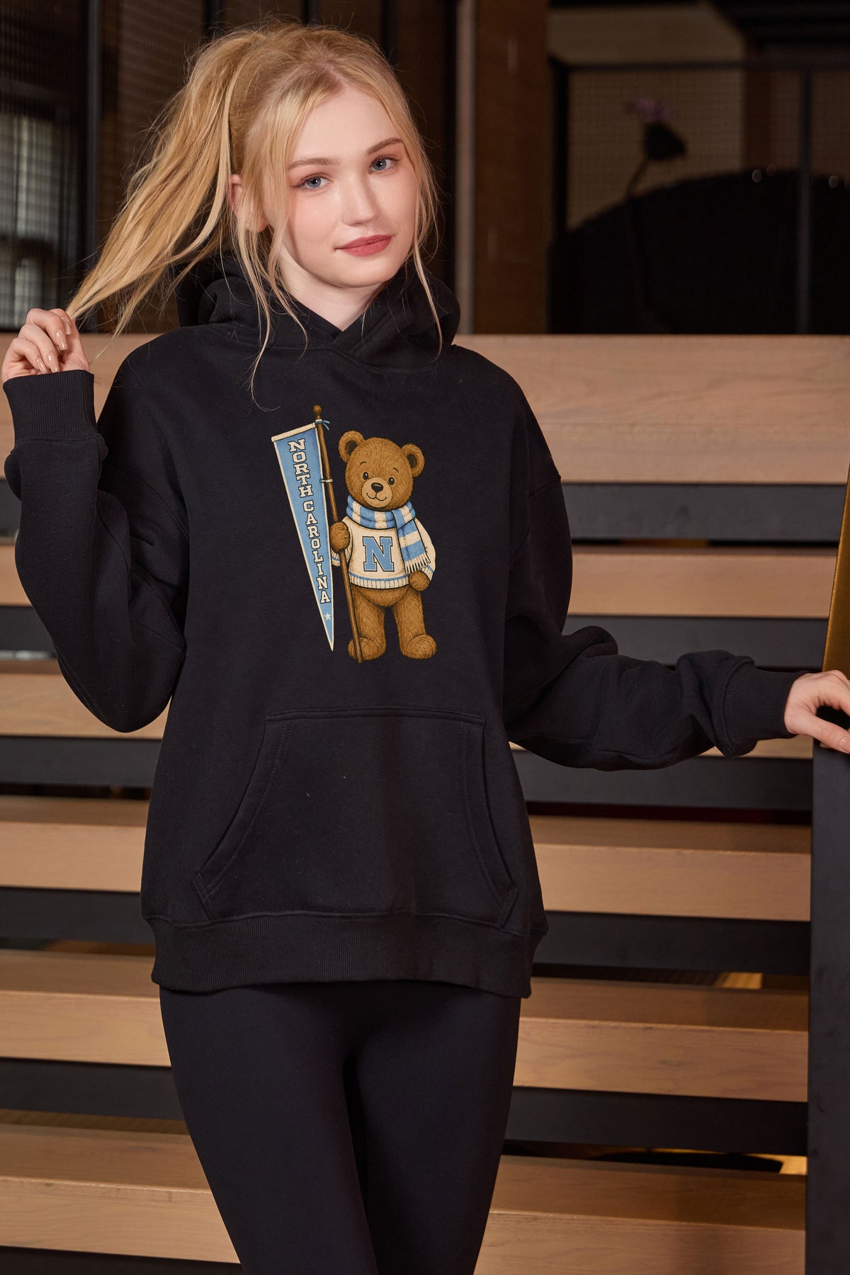 North Carolina Teddy Banner Hoodie in black — model view 3.