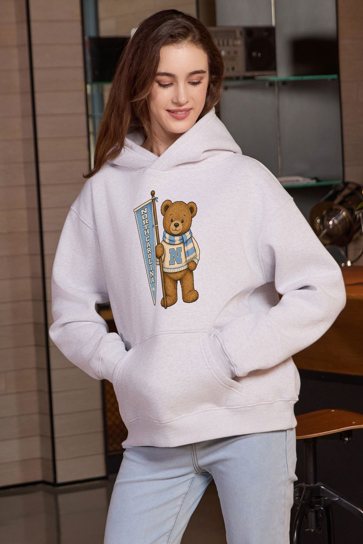 North Carolina Teddy Banner Hoodie in heather grey — model view 1.