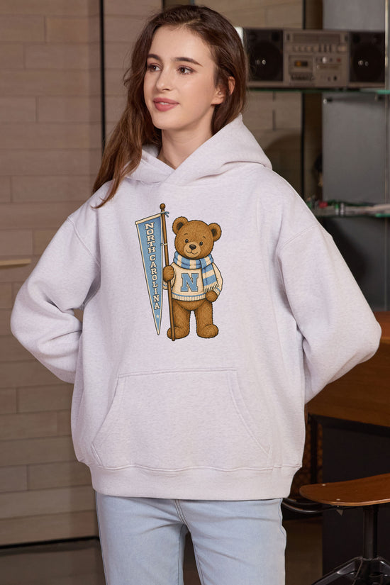 North Carolina Teddy Banner Hoodie in heather grey — model view 2.