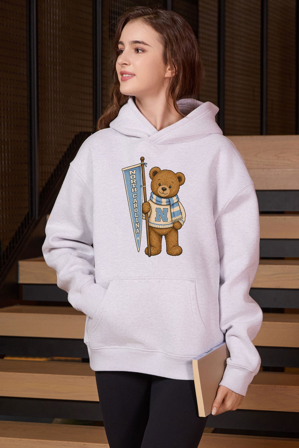 North Carolina Teddy Banner Hoodie in heather grey — model view 3.