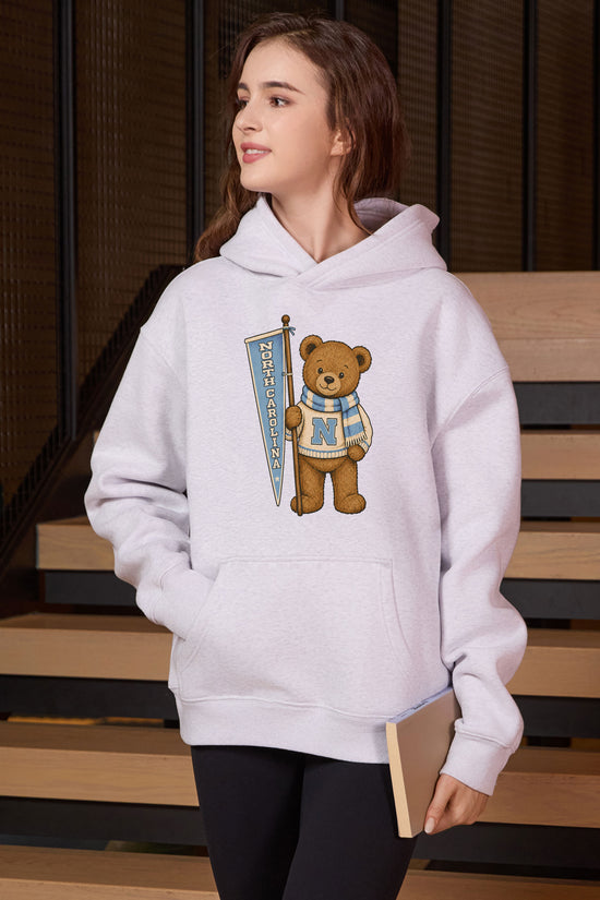 North Carolina Teddy Banner Hoodie in heather grey — model view 3.