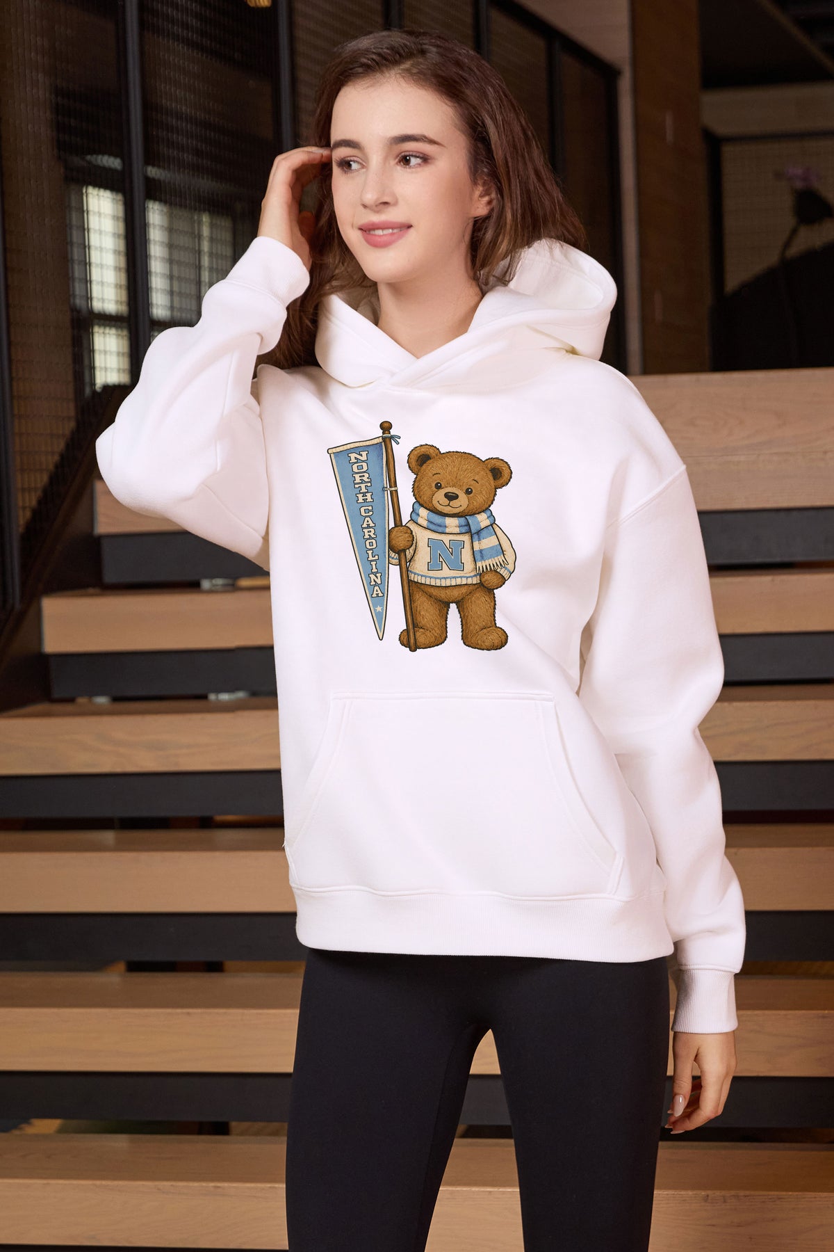 North Carolina Teddy Banner Hoodie in white — model view 3.