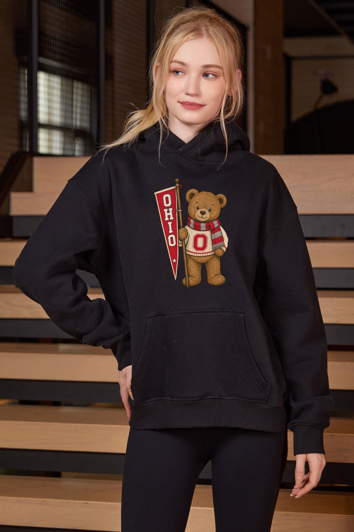 Ohio Teddy Banner Hoodie in black — model view 2.