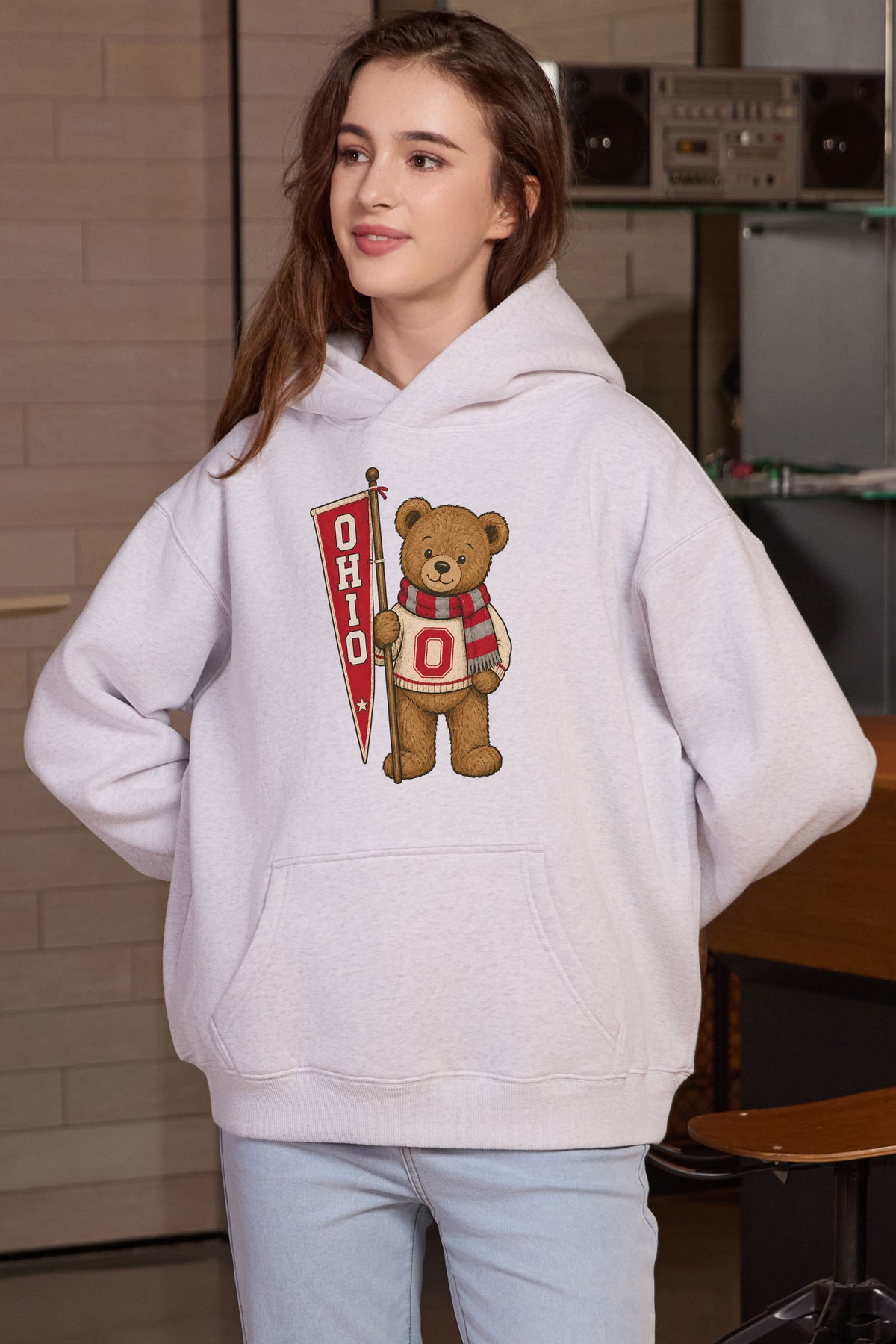 Ohio Teddy Banner Hoodie in heather grey — model view 1.