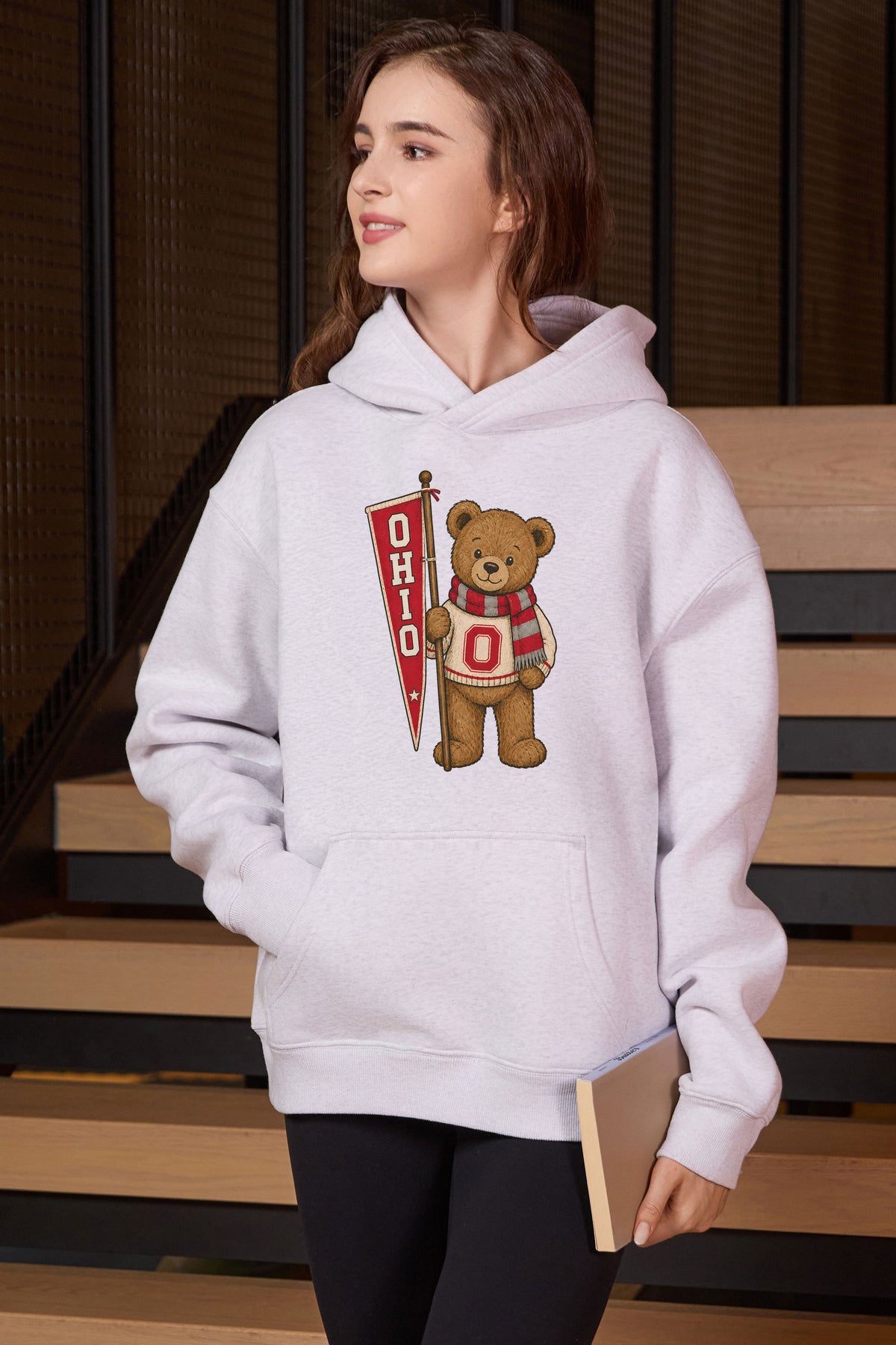 Ohio Teddy Banner Hoodie in heather grey — model view 3.