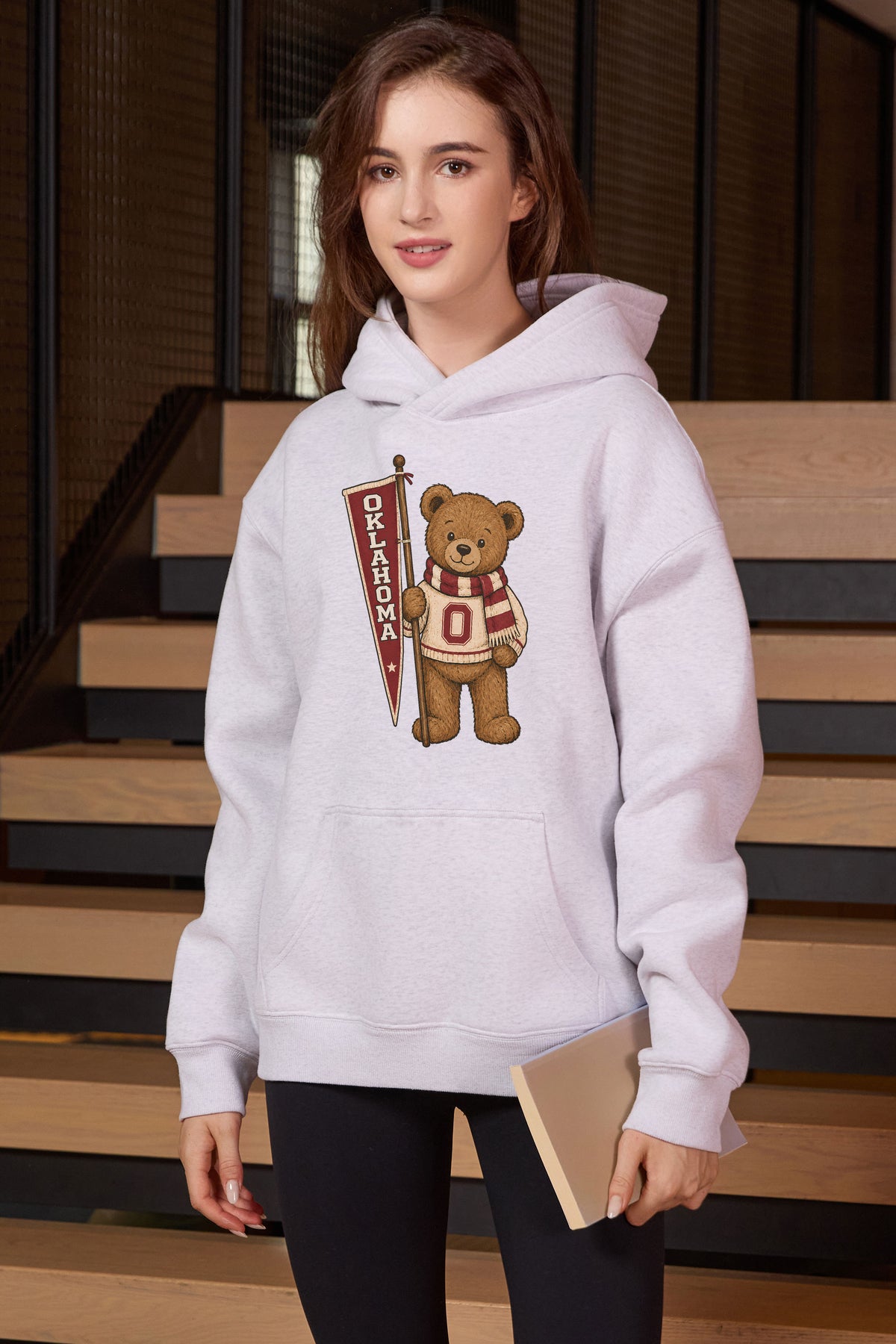 Oklahoma Teddy Banner Hoodie in heather grey — model view 3.
