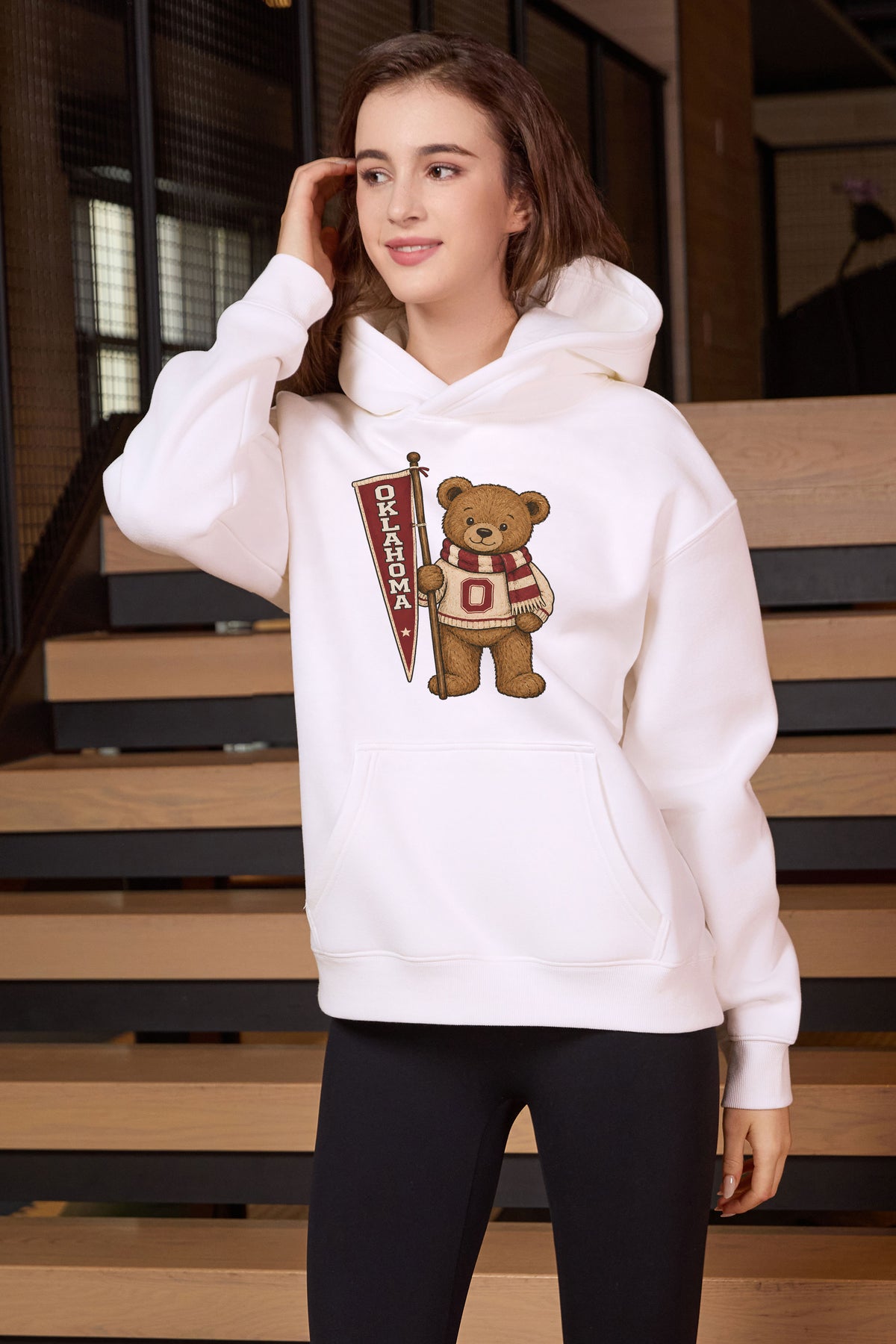Oklahoma Teddy Banner Hoodie in white — model view 1.