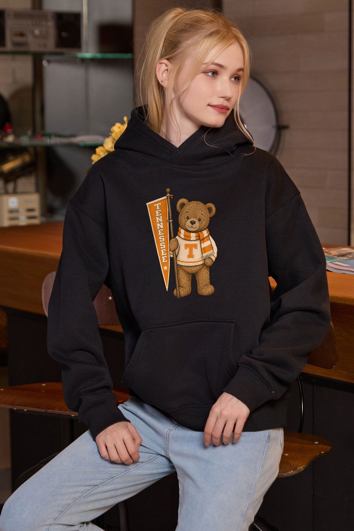 Tennessee Teddy Banner Hoodie in black — model view 2.
