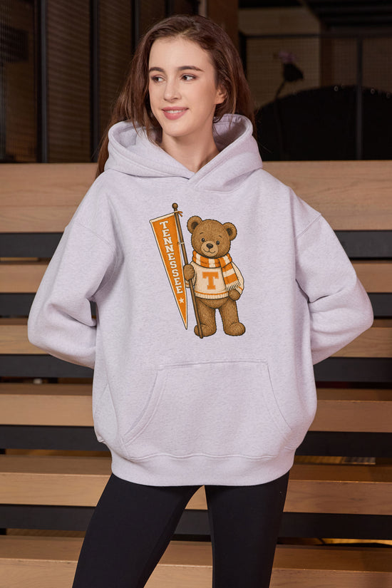Tennessee Teddy Banner Hoodie in heather grey — model view 1.
