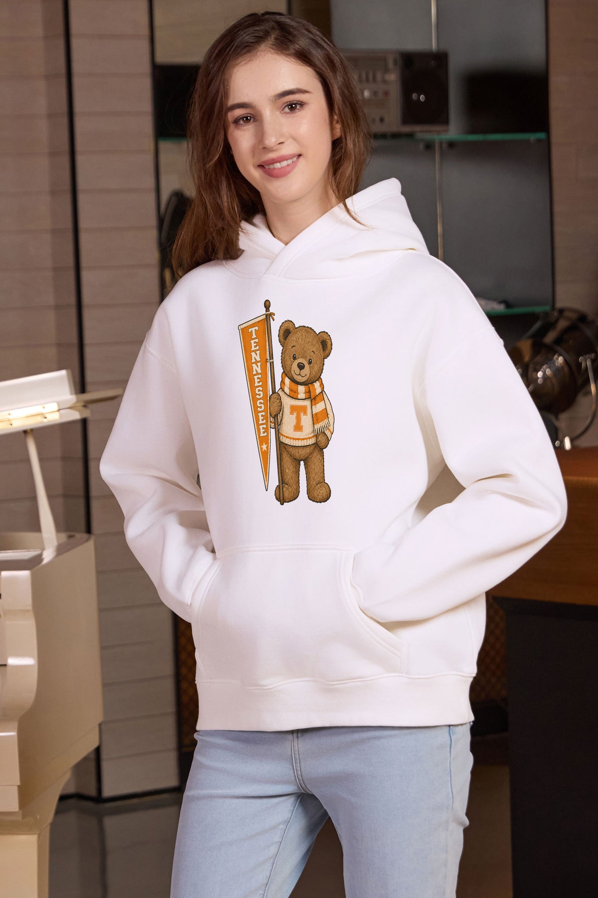 Tennessee Teddy Banner Hoodie in white — model view 1.