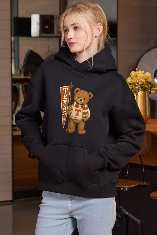 Texas Teddy Banner Hoodie in black — model view 1.
