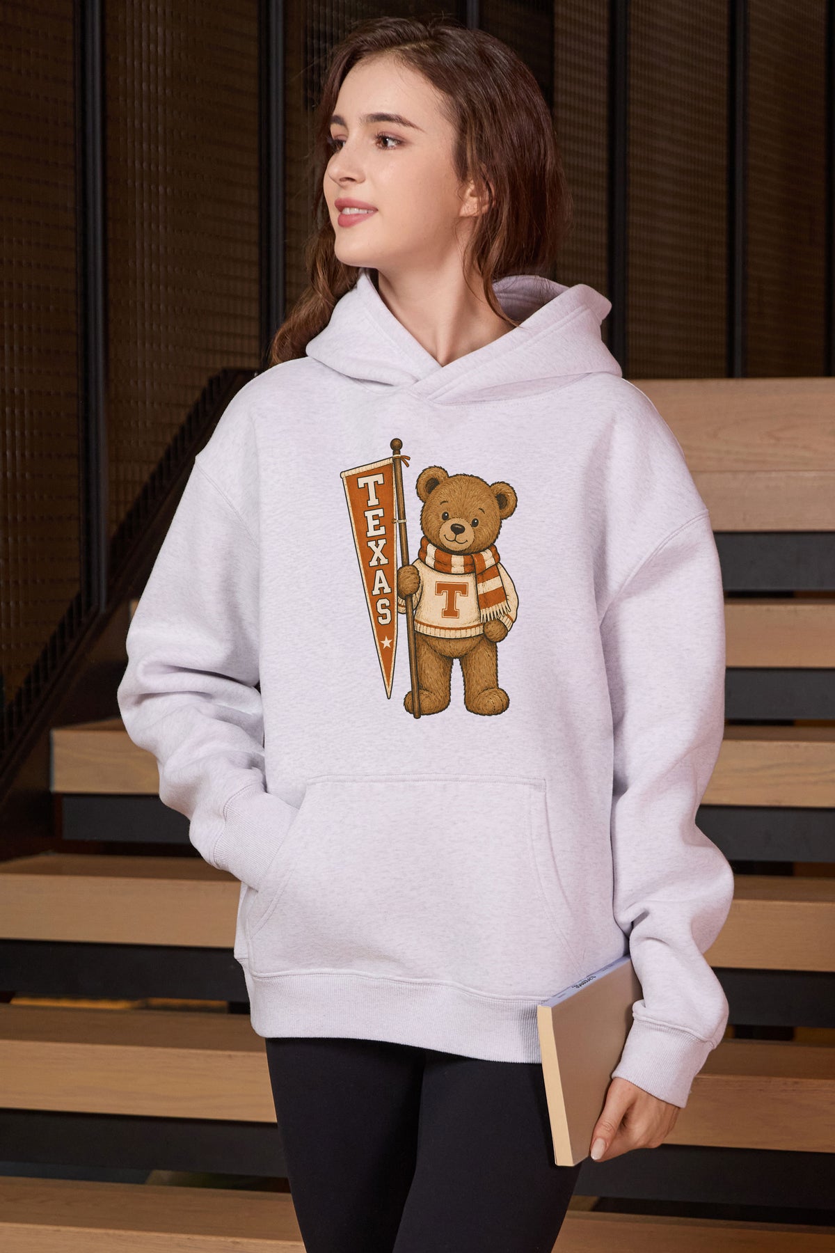 Texas Teddy Banner Hoodie in heather grey — model view 1.