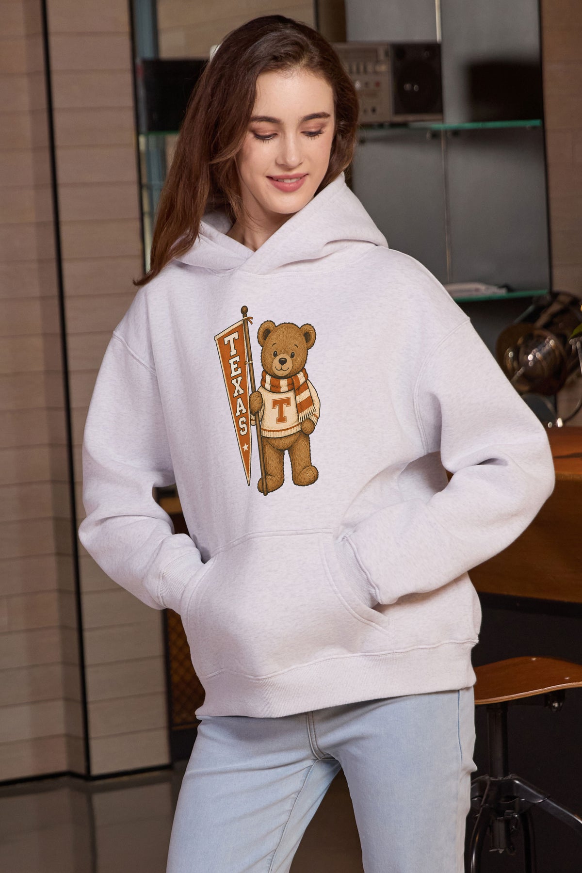 Texas Teddy Banner Hoodie in heather grey — model view 2.