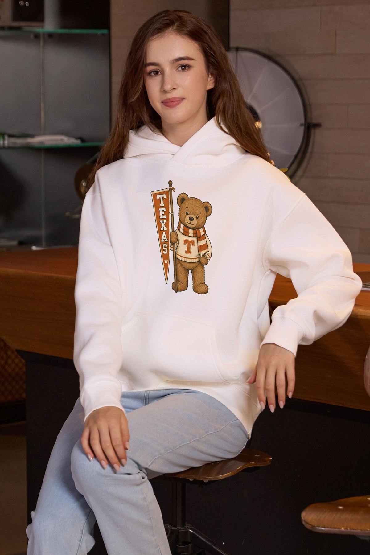 Texas Teddy Banner Hoodie in white — model view 1.