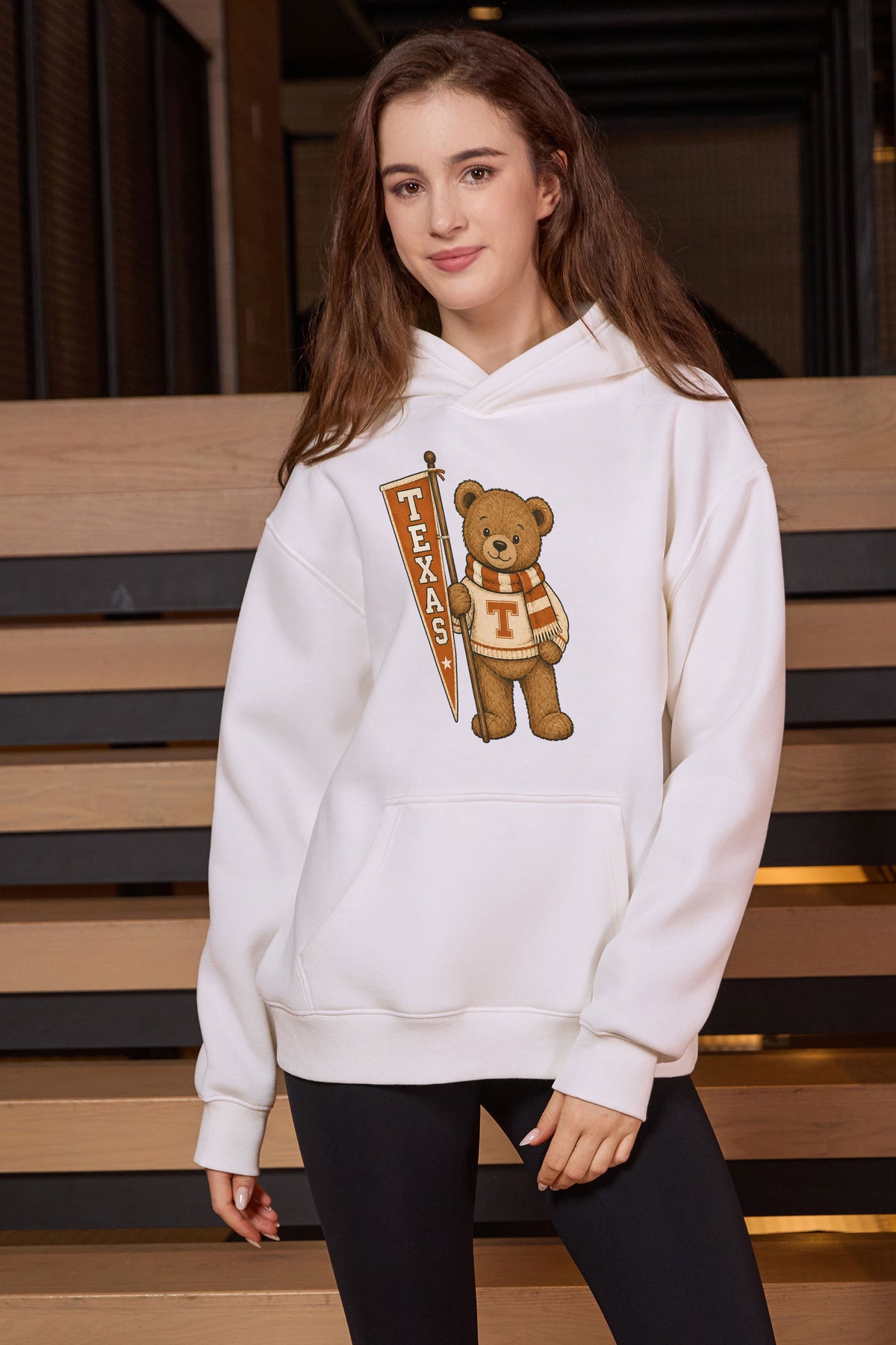Texas Teddy Banner Hoodie in white — model view 3.