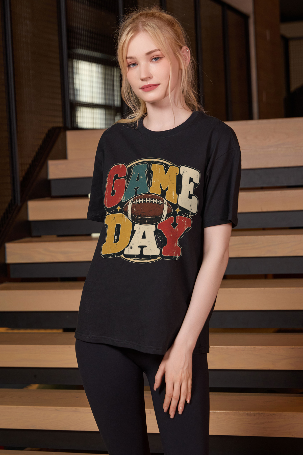 Retro Game Day Relaxed Tee in black with multicolour GAME DAY lettering and a football graphic.