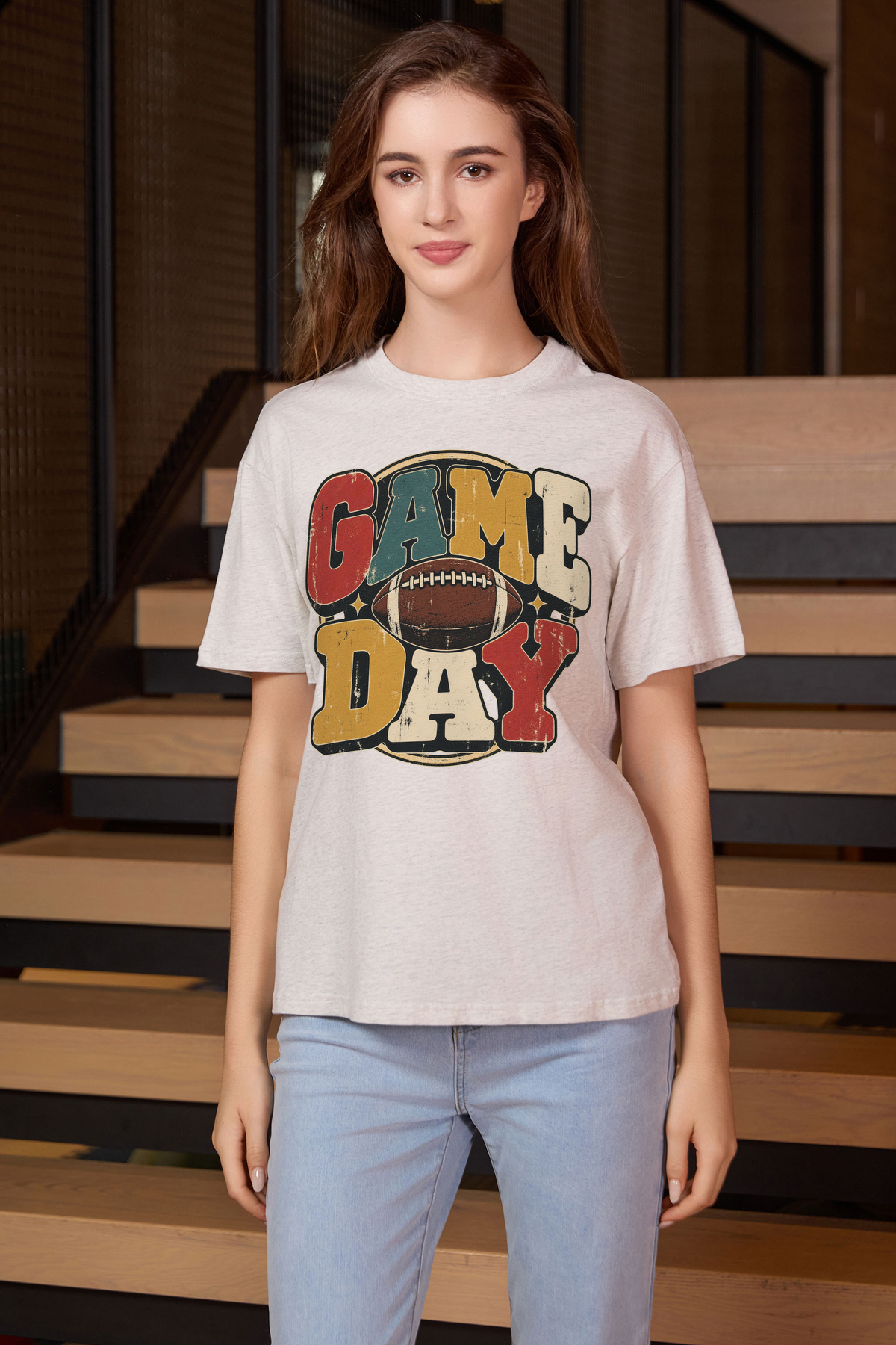 Retro Game Day Relaxed Tee in heather grey with multicolour GAME DAY lettering and a football graphic.