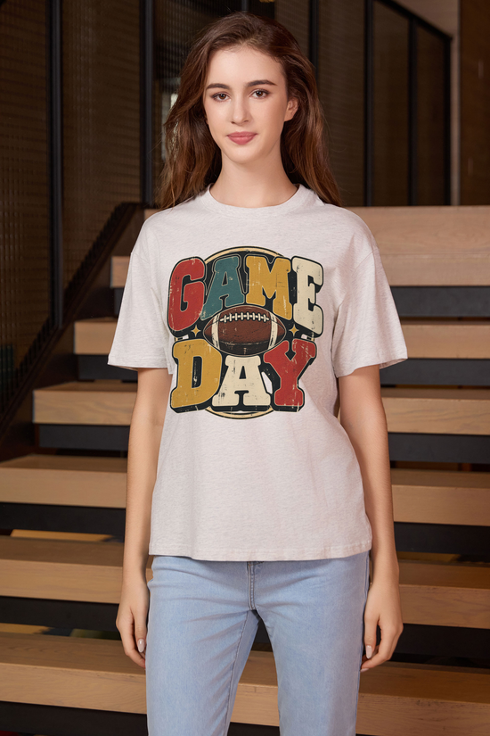 Retro Game Day Relaxed Tee in heather grey with multicolour GAME DAY lettering and a football graphic.