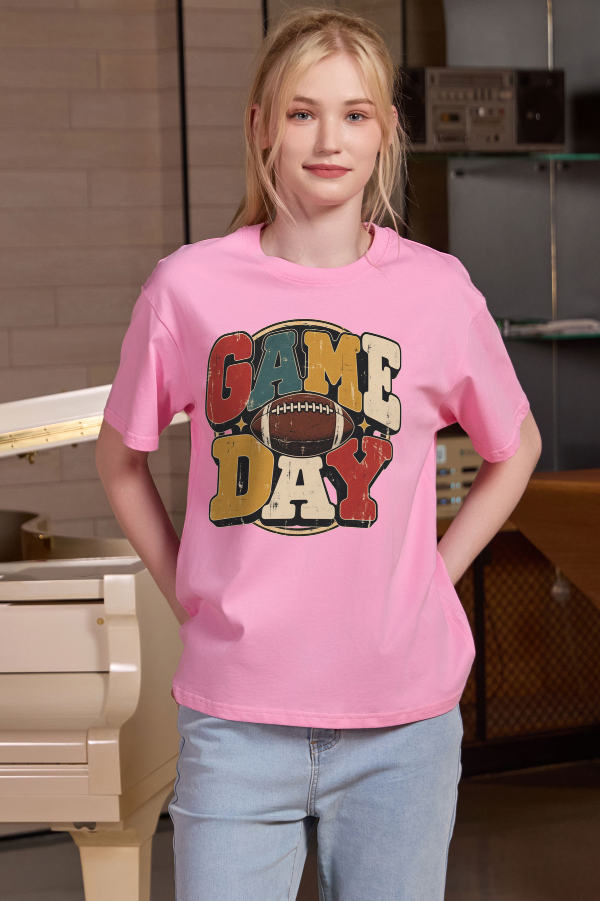 Retro Game Day Relaxed Tee in light pink with multicolour GAME DAY lettering and a football graphic.