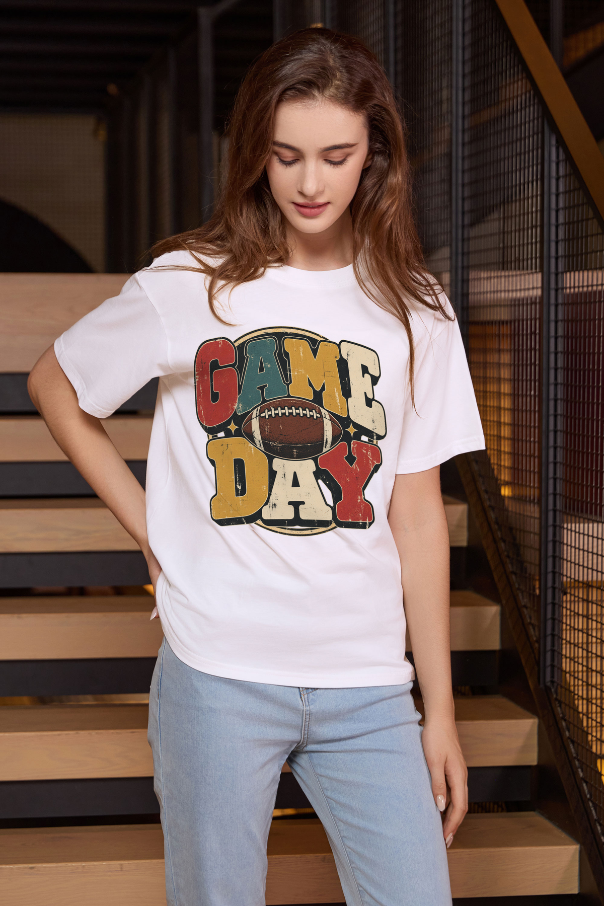 Retro Game Day Relaxed Tee in white with multicolour GAME DAY lettering and a football graphic.